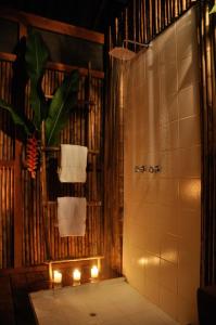 y baño con ducha, toallas y una planta. en Casa Amazonas, en Puerto Maldonado