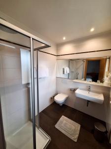 uma casa de banho com um WC, um lavatório e um chuveiro em Hotel Hubertushof em Vipiteno