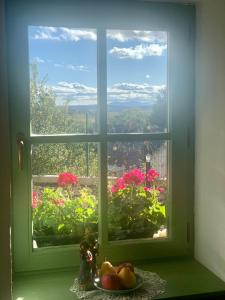 a window with a view of a garden with flowers at Pannonhalma Várlak Vendégház in Pannonhalma