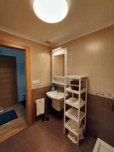 a bathroom with a sink and a toilet and a mirror at Ventana al Paraíso del Oso - Somiedo. Window to Bear Paradise - Somiedo in Pola de Somiedo