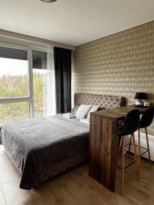 um quarto com uma cama, uma secretária e uma janela em Apartman Ambijent Divcibare em Divčibare