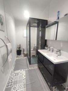 y baño con ducha, 2 lavabos y espejo. en Charmante maison près du Futuroscope en Saint-Georges-lès-Baillargeaux