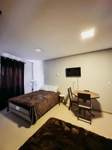 um quarto com uma cama, uma secretária e uma televisão em Studio próximo Aeroporto e UPF em Passo Fundo