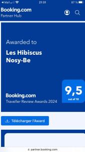 Captura de pantalla de una pantalla telefónica con un programa de recompensas de recuperación de garrapatas en Les Hibiscus Nosy-Be, en Djamandjary