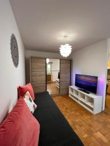 Il comprend un salon doté d'un canapé rouge et d'une télévision à écran plat. dans l'établissement Oasis apartment, à Koper