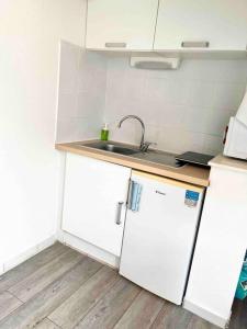 a kitchen with a sink and a white refrigerator at Studio Cosi Sxm in Marigot +4 photos