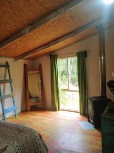 a bedroom with a bed and a ladder and a window at Cabaña en el bosque de Chiloé in Quemchi