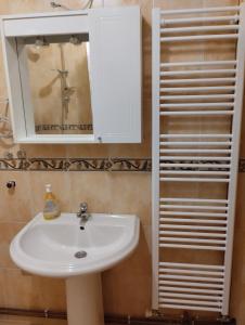 een badkamer met een witte wastafel en een spiegel bij Sejmen in Sarajevo
