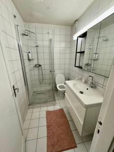 y baño con ducha, aseo y lavamanos. en Cozy Home in Downtown Reykjavik, en Reikiavik