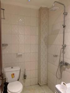 y baño con ducha, aseo y lavamanos. en Résidence Longchamp, en Douala