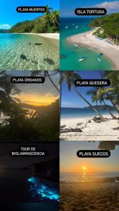 a collage of four pictures of the same beach at #3 Cabina Rústica para 2 personas en Paquera in Paquera
