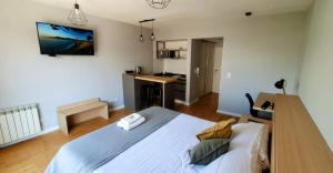 a bedroom with a bed and a desk in it at Caseros Suite!! Hermoso Apart en Corredor turistico de Salta!! in Salta