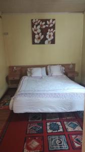 a bedroom with a white bed with a picture on the wall at Hostal Trautmann in Puerto Montt