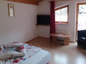 Habitación con cama, mesa y TV. en Apart Christian en Umhausen