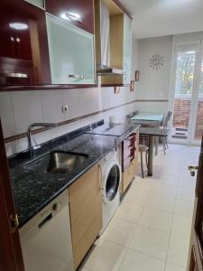 a kitchen with a sink and a washing machine at Jardines in O Barco de Valdeorras