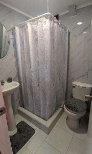 a bathroom with a shower curtain and a toilet at Bosque Valdiviano Apartment in Valdivia