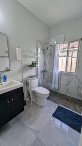 a bathroom with a toilet and a shower and a sink at Elegant Oasis by the Sea in Saint Annʼs Bay