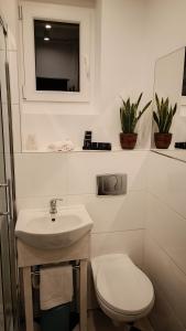 a white bathroom with a toilet and a sink at Apartament na Poli in Wałbrzych