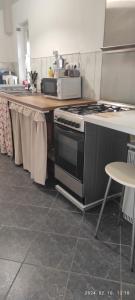 uma cozinha com fogão e um balcão com mesas em Dunaparti Tímár Villa em Vác