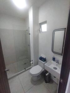 uma casa de banho com um chuveiro, um WC e um lavatório. em Escenia Loft Deluxe em Guadalajara