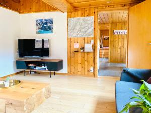 a living room with a blue couch and a tv at Cozy Apartment in Vintage House in Kandersteg in Kandersteg