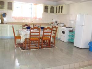 Nieuw Nickerie的住宿－Villa Nickerie/ Suriname，厨房配有桌椅和冰箱。