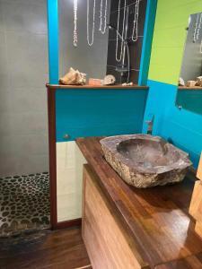 La salle de bains est pourvue d'un grand lavabo en pierre sur un comptoir en bois. dans l'établissement La pirogue enchantée, à Païta