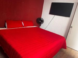 Un dormitorio rojo con una cama roja con una manta roja en Residencia en Ciudad Guzmán, en Ciudad Guzmán
