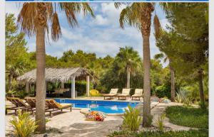 una piscina con palmeras y tumbonas en Villa Leonor, en Es Caló