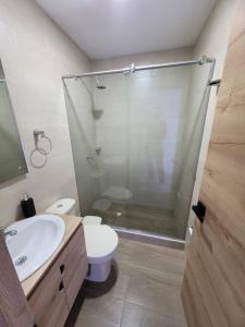 a bathroom with a shower and a toilet and a sink at Hermoso apto cerca al centro in Cartago