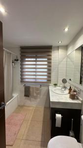 uma casa de banho com um lavatório, um WC e um chuveiro em Cómodo apartamento en El Palm mar em Palm-mar