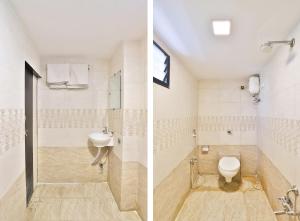 two pictures of a bathroom with a toilet and a shower at Hotel Green Land in Ahmedabad
