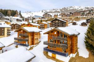 a group of wooden buildings in the snow at Laackerhof in Bettmeralp