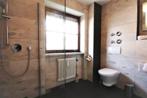 a bathroom with a shower and a toilet and a window at Ferienwohnung Steuer in Füssen +12 photos
