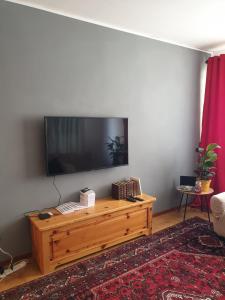 sala de estar con TV de pantalla plana en la pared en Hisa Karletavi, 