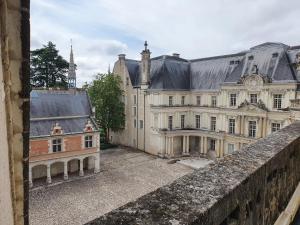 Elle offre une vue sur un bâtiment ancien depuis son balcon. dans l'établissement Gite de la Guernouille, à Luçay-le-Mâle