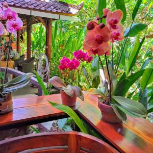 a wooden table with flowers in pots on it at Bali Kembali Hotel in Sanur