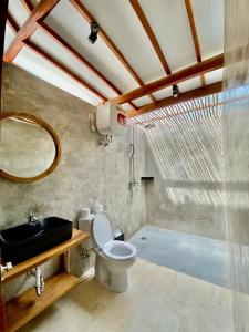 uma casa de banho com um WC, um lavatório e um espelho. em Karyana Apartment em Kuta Lombok