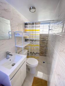 a bathroom with a toilet and a sink and a shower at Villa Bellevue in San Felipe de Puerto Plata