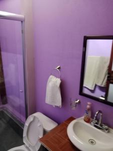 a purple bathroom with a toilet and a sink at Las escondidas in Pueblo Nuevo