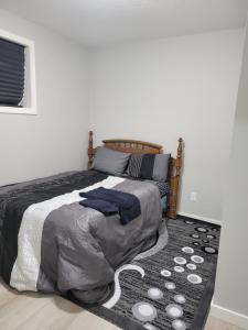 エドモントンにあるBrand New 2 Bedroom Basement Suite with Wifiのベッドルーム1室(ベッド1台、ラグ付)