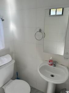 ein weißes Bad mit einem WC und einem Waschbecken in der Unterkunft Posada campo bello in Quebracho