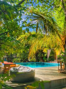 a swimming pool with a chaise lounge and a palm tree at Richards Cabanas in Tissamaharama