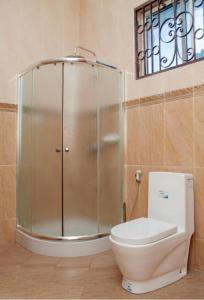 uma casa de banho com uma cabina de duche em vidro e um WC. em Taj hotel partnership em Nungwi