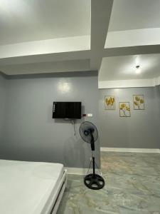 a bedroom with a bed and a flat screen tv at Maicaellas Transient Room in Coron