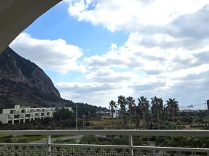 a view of a mountain and palm trees from a bridge at MJ Pension & Resort in Seogwipo