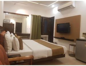a hotel room with a bed and a tv at Hotel White Tree, Chandigarh in Chandīgarh