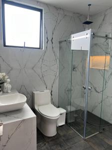 e bagno con servizi igienici e doccia in vetro. di Suit Exclusiva y elegante a Riobamba