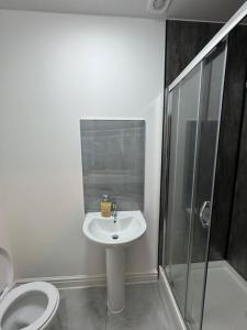 La salle de bains est pourvue de toilettes, d'un lavabo et d'une douche. dans l'établissement Chief Vic Guest house, à Oldham