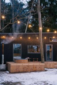 a house with a table and a tree in the snow at Living art piece at the lake. in Užutrakis